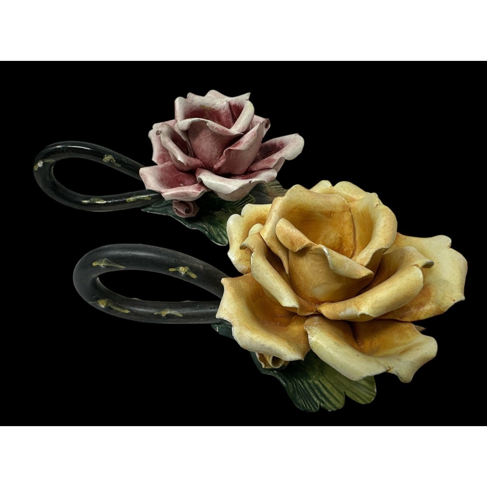 2 MCM 1960's Italian Capodimonte Porcelain Rose Candle Holders Red & Yellow